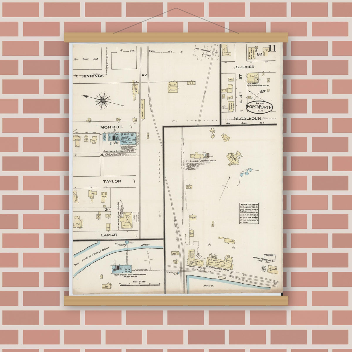 Old map wall art mockup — magnetic wood frame on brick wall — Sanborn Fire Insurance Map from Fort Worth, Tarrant County, Texas (1885), Sheet #0011