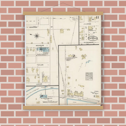 Old map wall art mockup — magnetic wood frame on brick wall — Sanborn Fire Insurance Map from Fort Worth, Tarrant County, Texas (1885), Sheet #0011