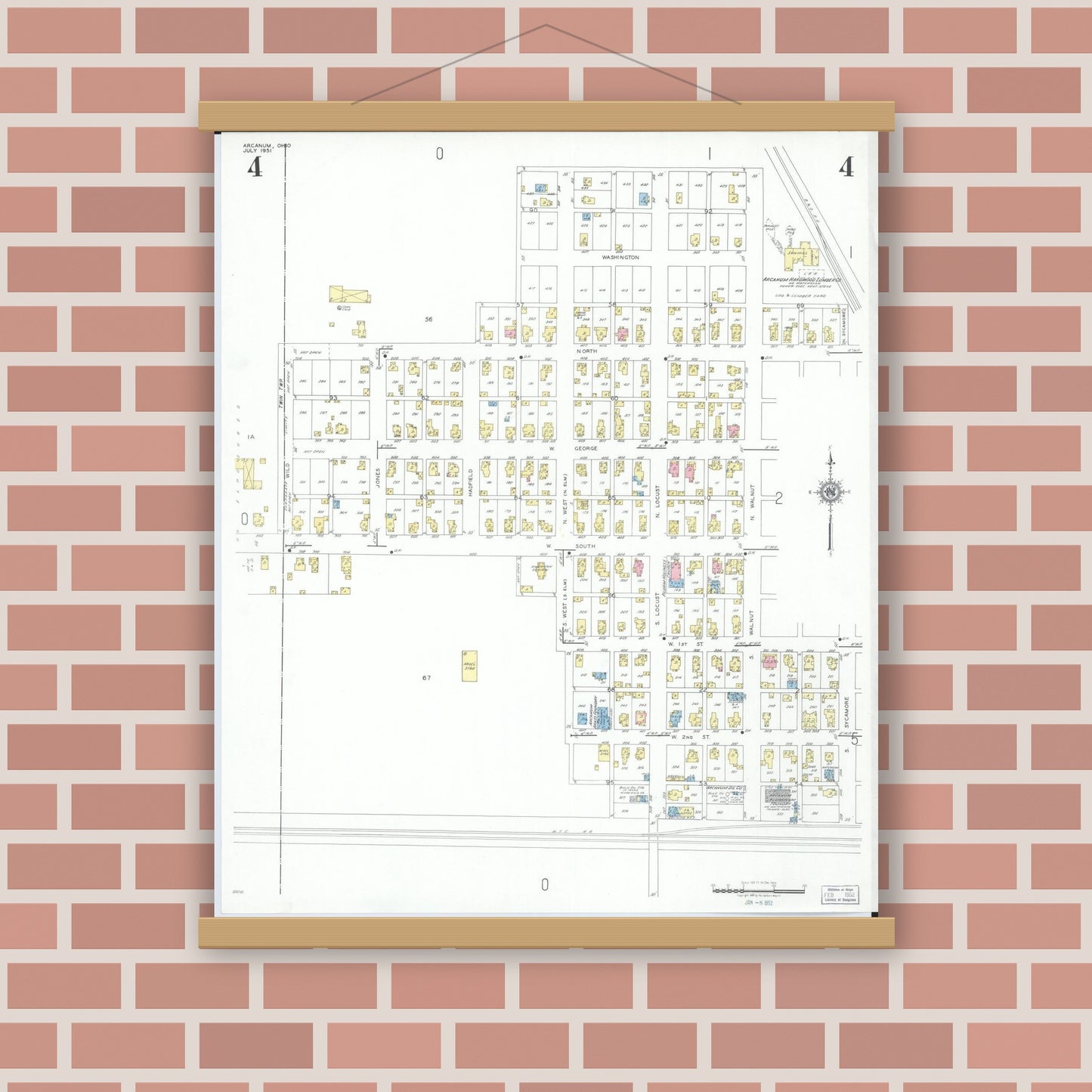 Old map wall art mockup — magnetic wood frame on brick wall — Sanborn Fire Insurance Map from Arcanum, Darke County, Ohio (1951), Sheet #0004