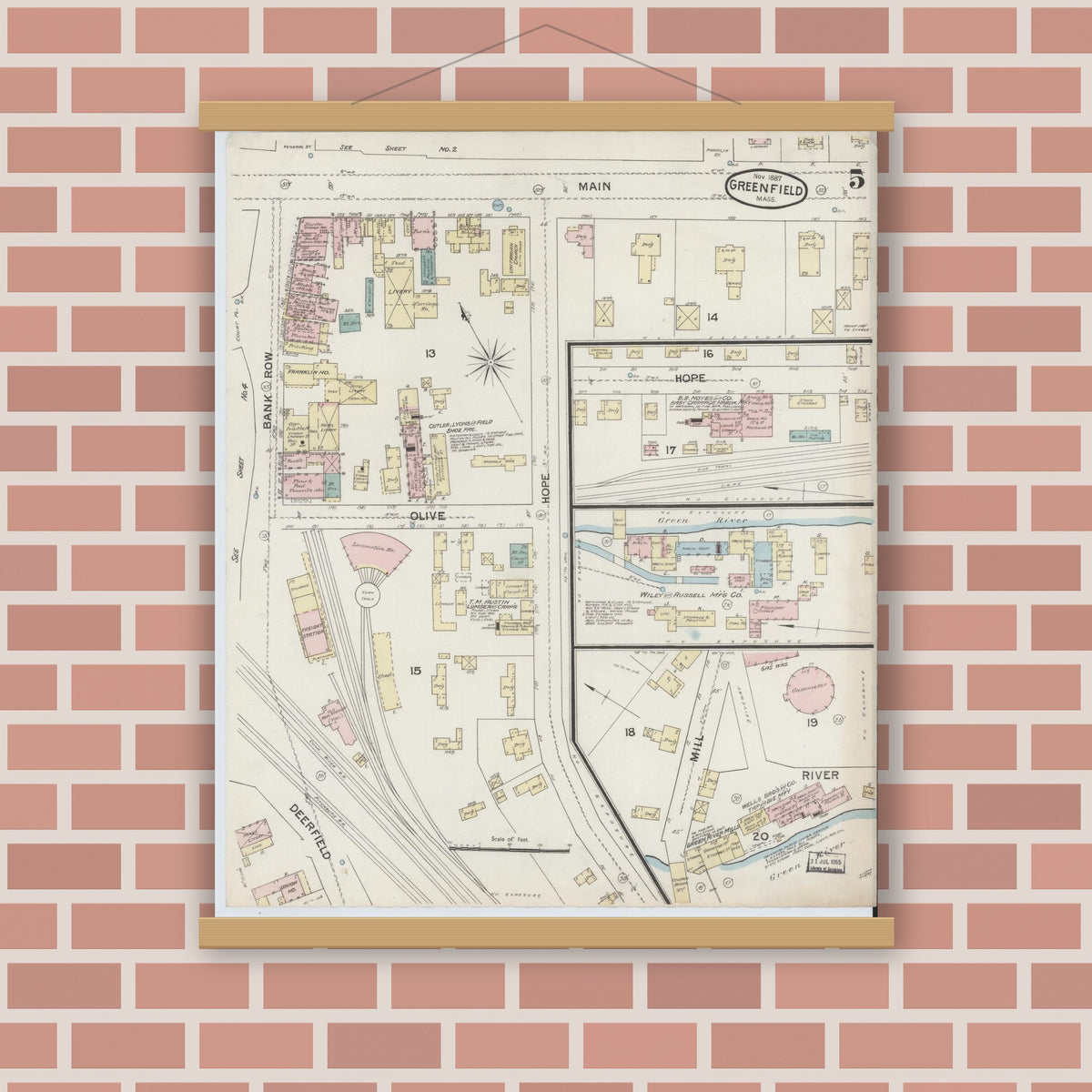 Old map wall art mockup — magnetic wood frame on brick wall — Sanborn Fire Insurance Map from Greenfield, Franklin County, Massachusetts (1887), Sheet #0005
