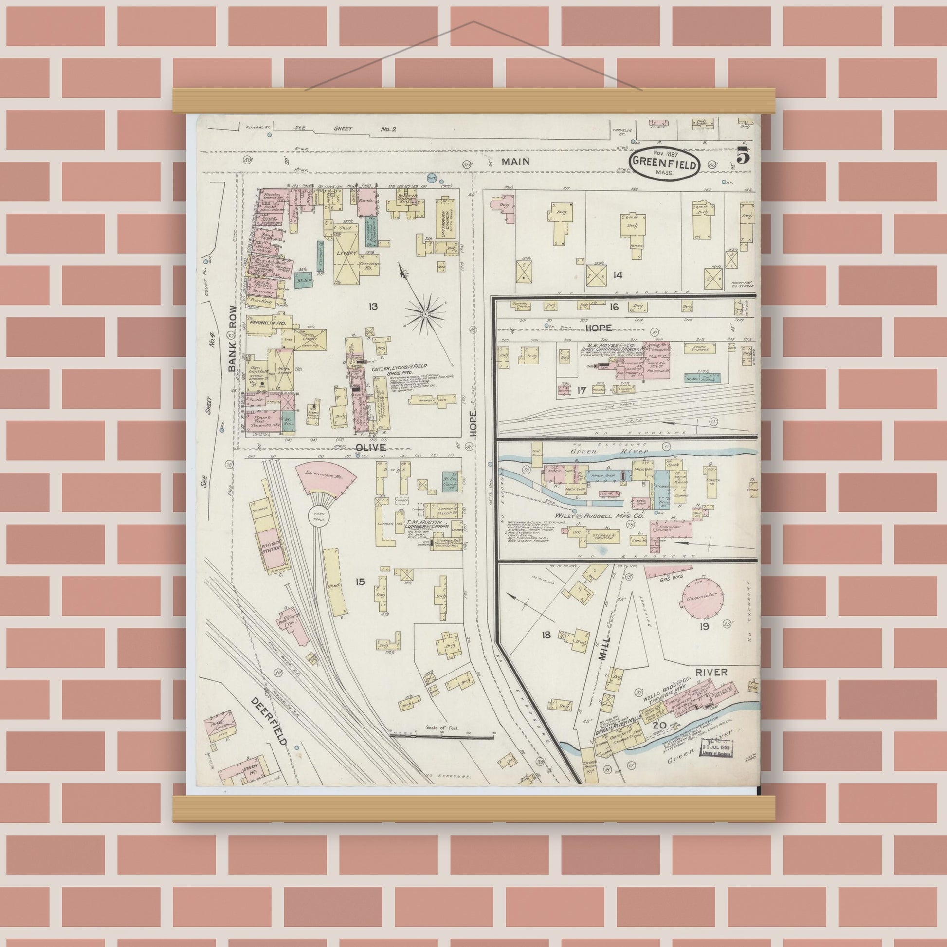 Old map wall art mockup — magnetic wood frame on brick wall — Sanborn Fire Insurance Map from Greenfield, Franklin County, Massachusetts (1887), Sheet #0005