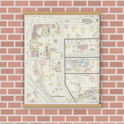 Old map wall art mockup — magnetic wood frame on brick wall — Sanborn Fire Insurance Map from Greenfield, Franklin County, Massachusetts (1887), Sheet #0005