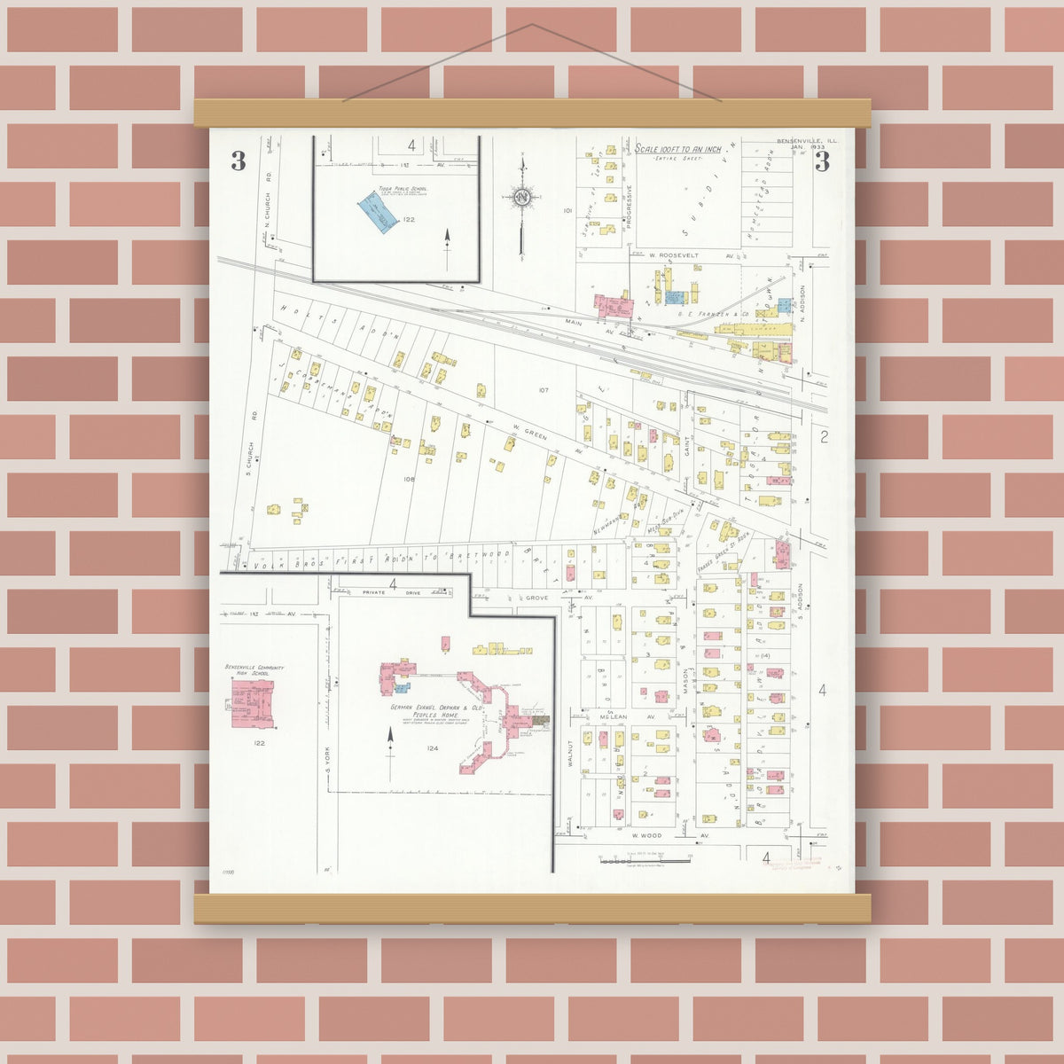 Old map wall art mockup — magnetic wood frame on brick wall — Sanborn Fire Insurance Map from Bensenville, Dupage County, Illinois (1933), Sheet #0003