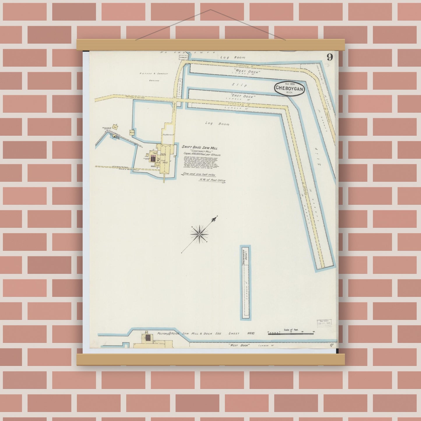 Old map wall art mockup — magnetic wood frame on brick wall — Sanborn Fire Insurance Map from Cheboygan, Cheboygan County, Michigan (1890), Sheet #0009