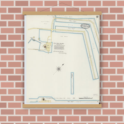 Old map wall art mockup — magnetic wood frame on brick wall — Sanborn Fire Insurance Map from Cheboygan, Cheboygan County, Michigan (1890), Sheet #0009