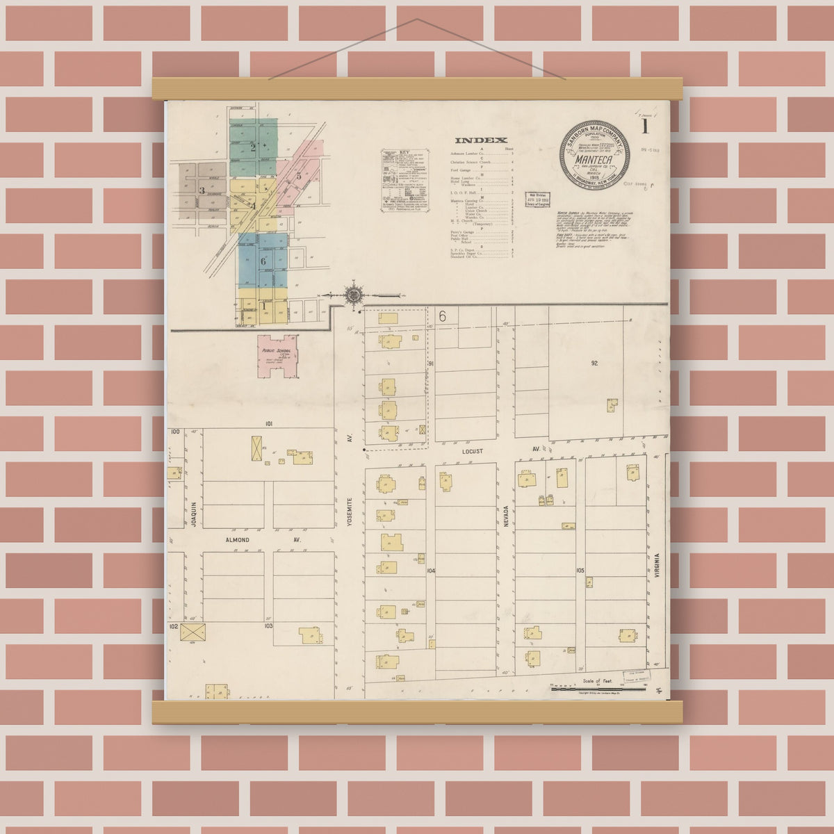 Old map wall art mockup — magnetic wood frame on brick wall — Sanborn Fire Insurance Map from Manteca, San Joaquin County, California (1918), Sheet #0001