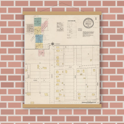 Old map wall art mockup — magnetic wood frame on brick wall — Sanborn Fire Insurance Map from Manteca, San Joaquin County, California (1918), Sheet #0001