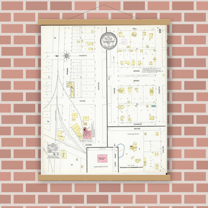 Old map wall art mockup — magnetic wood frame on brick wall — Sanborn Fire Insurance Map from Humeston, Wayne County, Iowa (1907), Sheet #0001