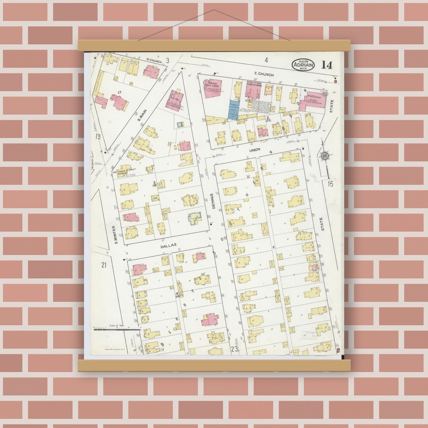 Old map wall art mockup — magnetic wood frame on brick wall — Sanborn Fire Insurance Map from Adrian, Lenawee County, Michigan (1916), Sheet #0014