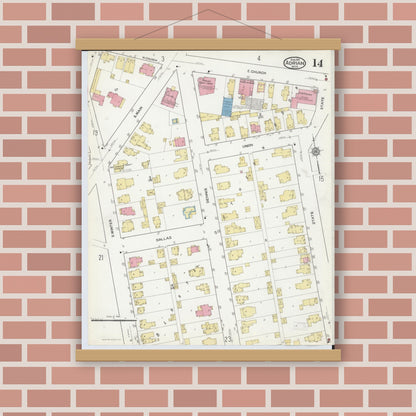 Old map wall art mockup — magnetic wood frame on brick wall — Sanborn Fire Insurance Map from Adrian, Lenawee County, Michigan (1916), Sheet #0014