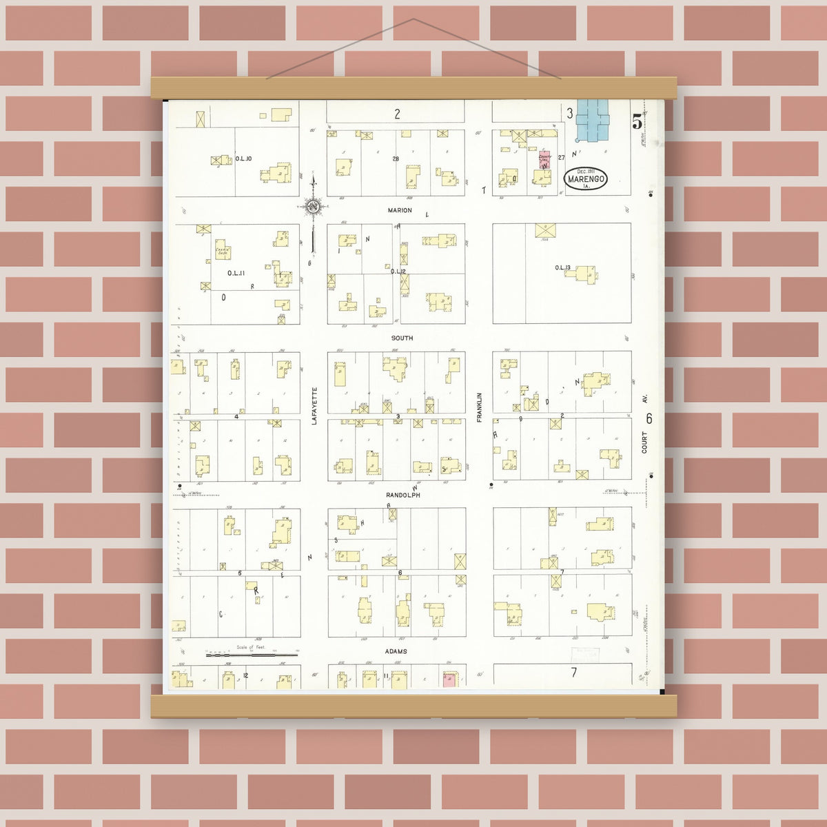 Old map wall art mockup — magnetic wood frame on brick wall — Sanborn Fire Insurance Map from Marengo, Iowa County, Iowa (1911), Sheet #0005