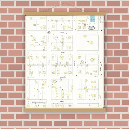 Old map wall art mockup — magnetic wood frame on brick wall — Sanborn Fire Insurance Map from Marengo, Iowa County, Iowa (1911), Sheet #0005