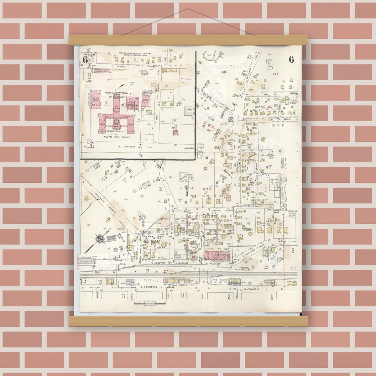 Old map wall art mockup — magnetic wood frame on brick wall — Sanborn Fire Insurance Map from Kilgore, Gregg County, Texas (1950), Sheet #0006