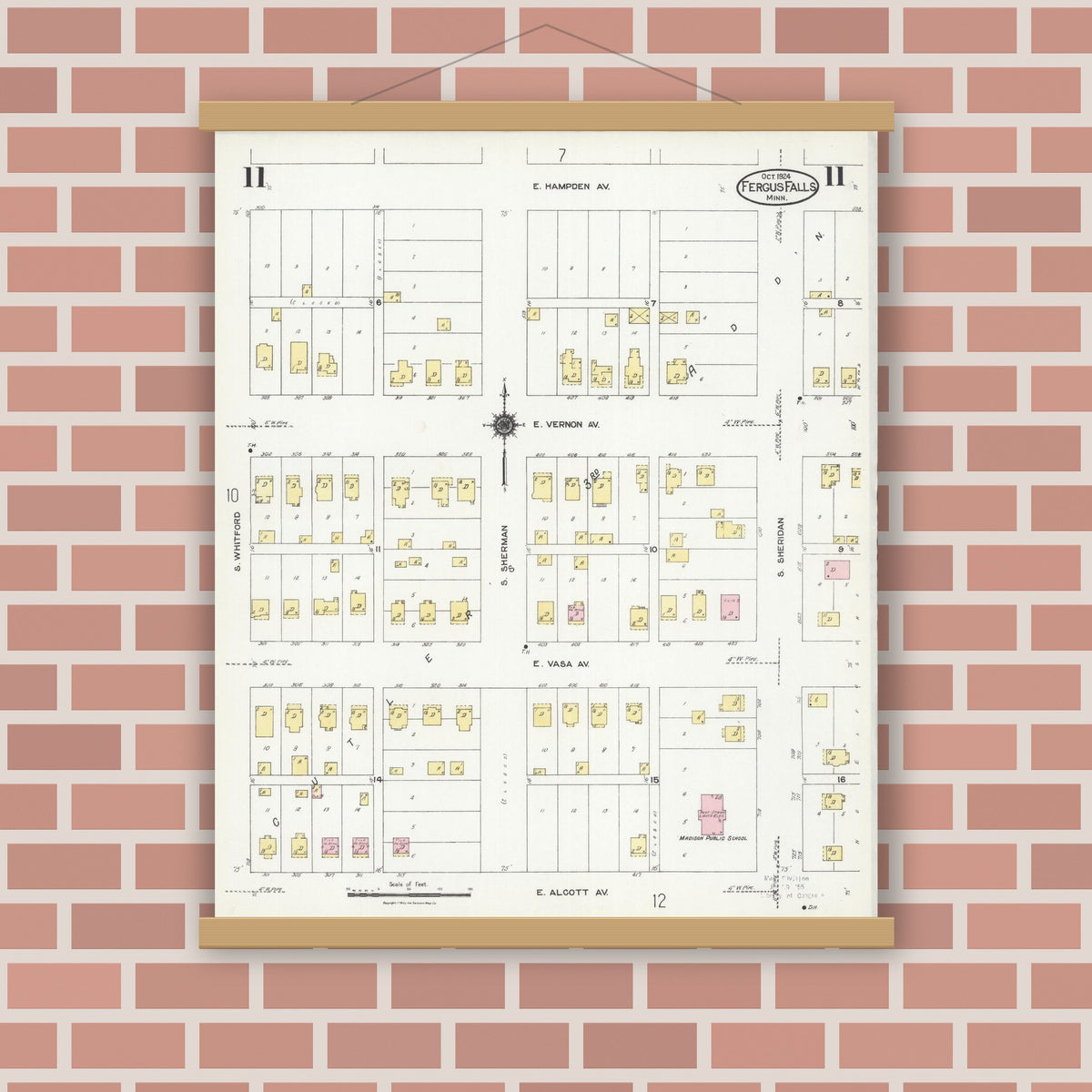 Old map wall art mockup — magnetic wood frame on brick wall — Sanborn Fire Insurance Map from Fergus Falls, Otter Tail County, Minnesota (1924), Sheet #0011