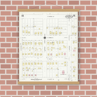 Old map wall art mockup — magnetic wood frame on brick wall — Sanborn Fire Insurance Map from Fergus Falls, Otter Tail County, Minnesota (1924), Sheet #0011