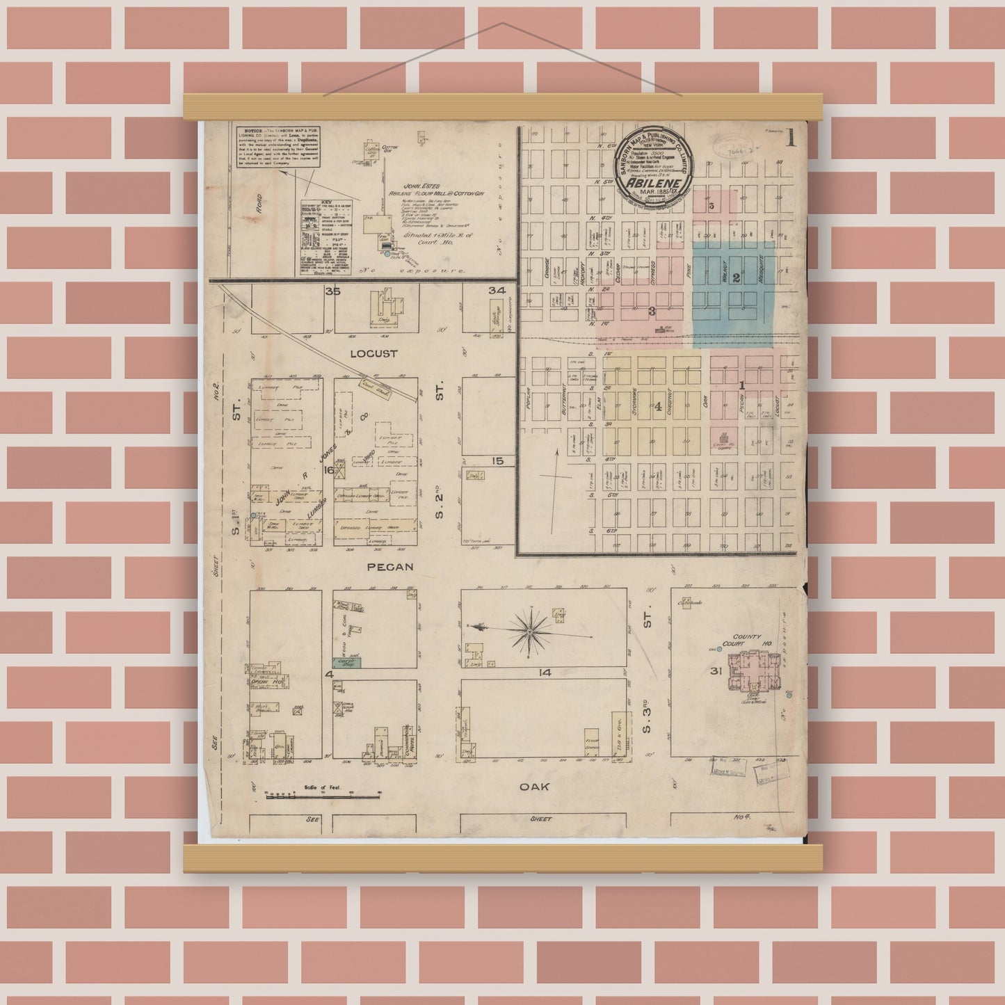 Old map wall art mockup — magnetic wood frame on brick wall — Sanborn Fire Insurance Map from Abilene, Taylor County, Texas (1885), Sheet #0001
