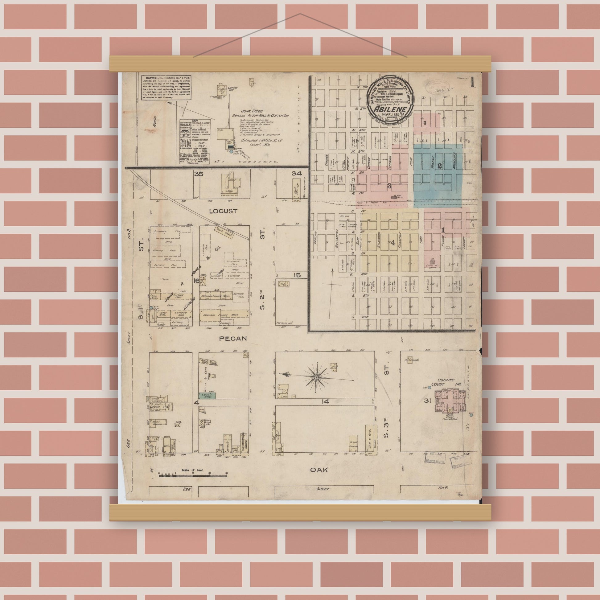Old map wall art mockup — magnetic wood frame on brick wall — Sanborn Fire Insurance Map from Abilene, Taylor County, Texas (1885), Sheet #0001