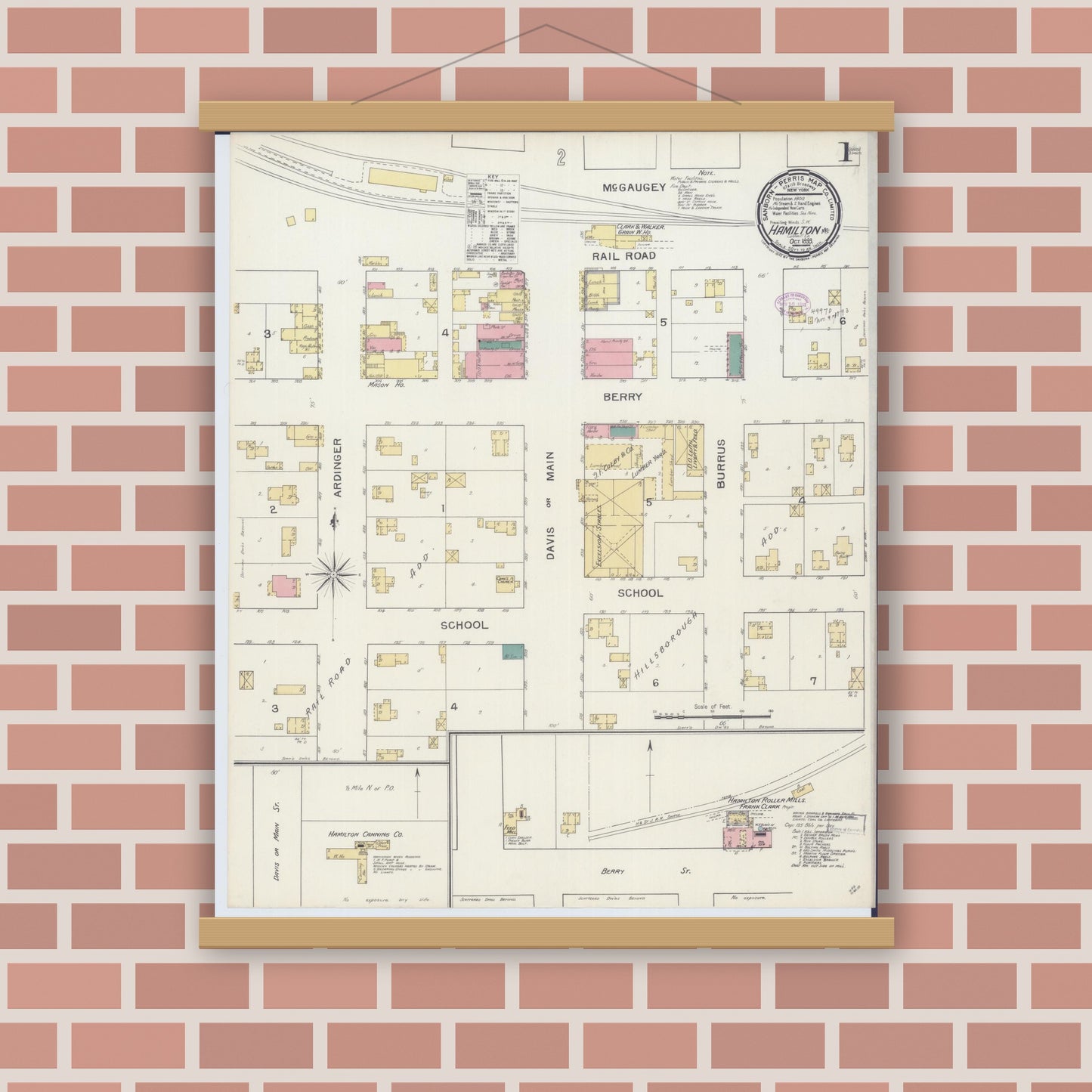 Old map wall art mockup — magnetic wood frame on brick wall — Sanborn Fire Insurance Map from Hamilton, Caldwell County, Missouri (1893), Sheet #0001