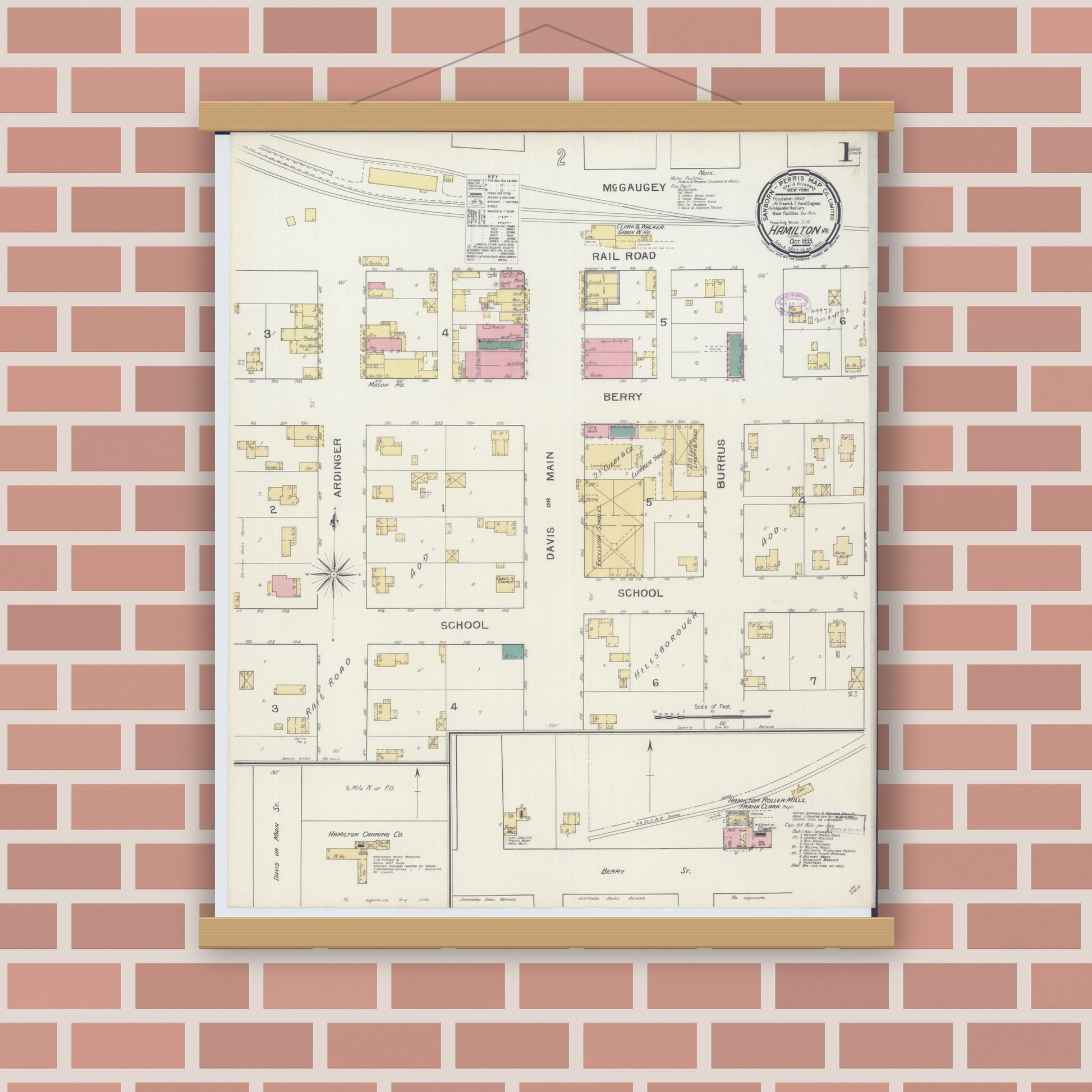 Old map wall art mockup — magnetic wood frame on brick wall — Sanborn Fire Insurance Map from Hamilton, Caldwell County, Missouri (1893), Sheet #0001
