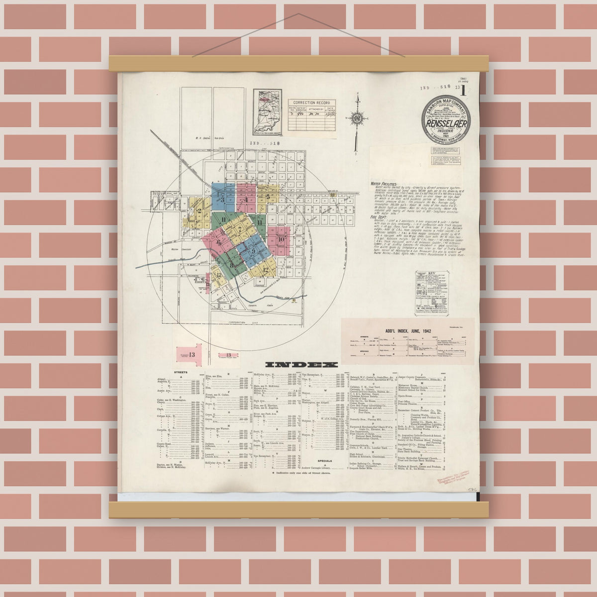 Old map wall art mockup — magnetic wood frame on brick wall — Sanborn Fire Insurance Map from Rensselaer, Jasper County, Indiana (1942), Sheet #0001