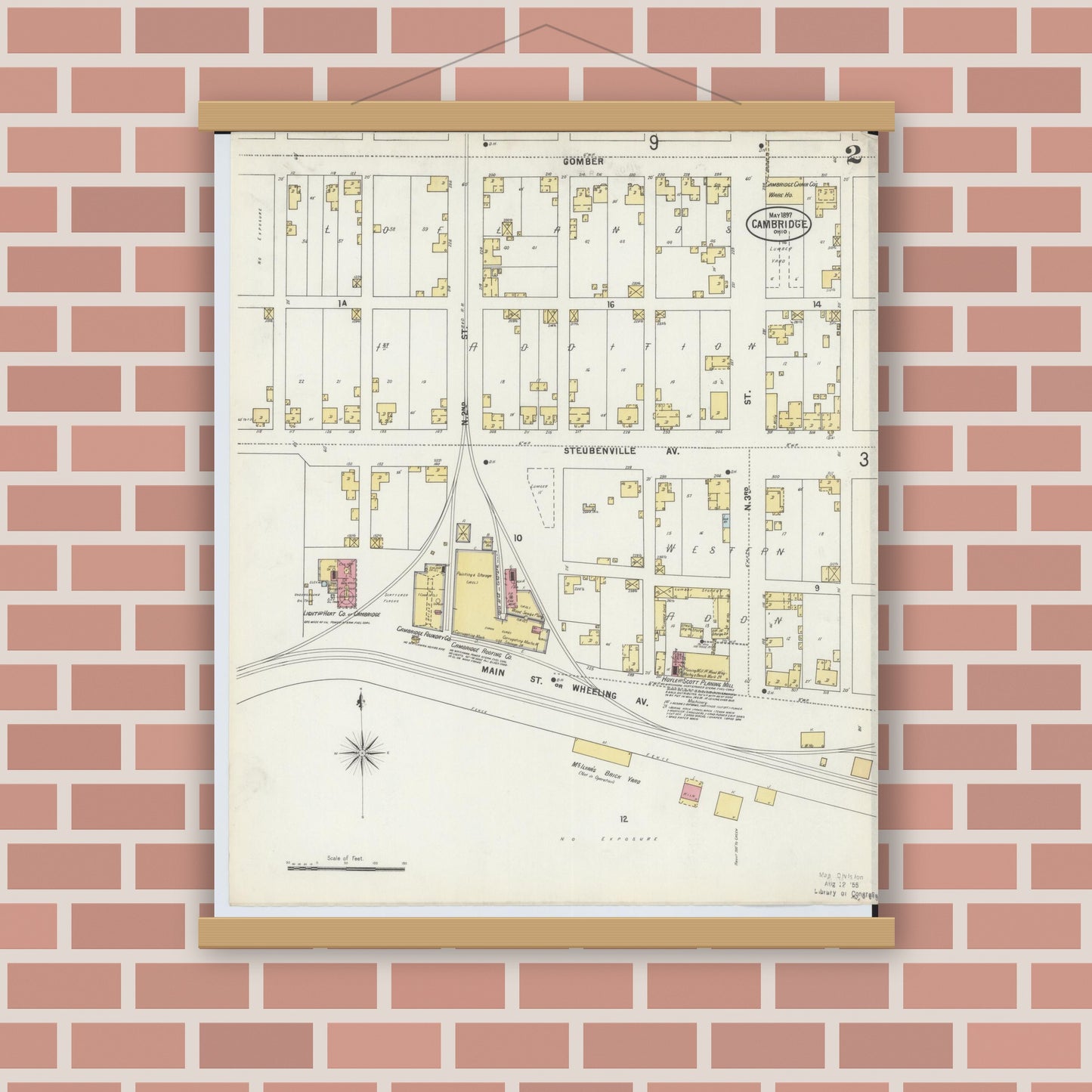 Old map wall art mockup — magnetic wood frame on brick wall — Sanborn Fire Insurance Map from Cambridge, Guernsey County, Ohio (1897), Sheet #0002