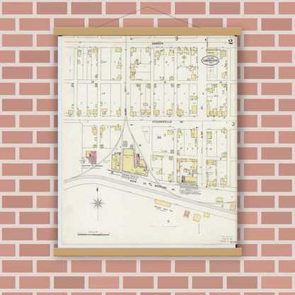 Old map wall art mockup — magnetic wood frame on brick wall — Sanborn Fire Insurance Map from Cambridge, Guernsey County, Ohio (1897), Sheet #0002