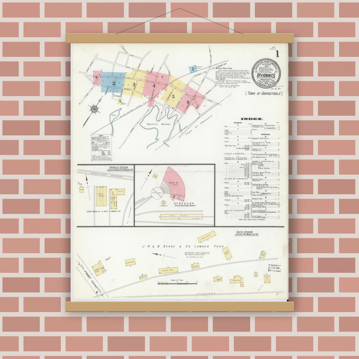 Old map wall art mockup — magnetic wood frame on brick wall — Sanborn Fire Insurance Map from Hyannis, Barnstable County, Massachusetts (1912) - Complete Map Set