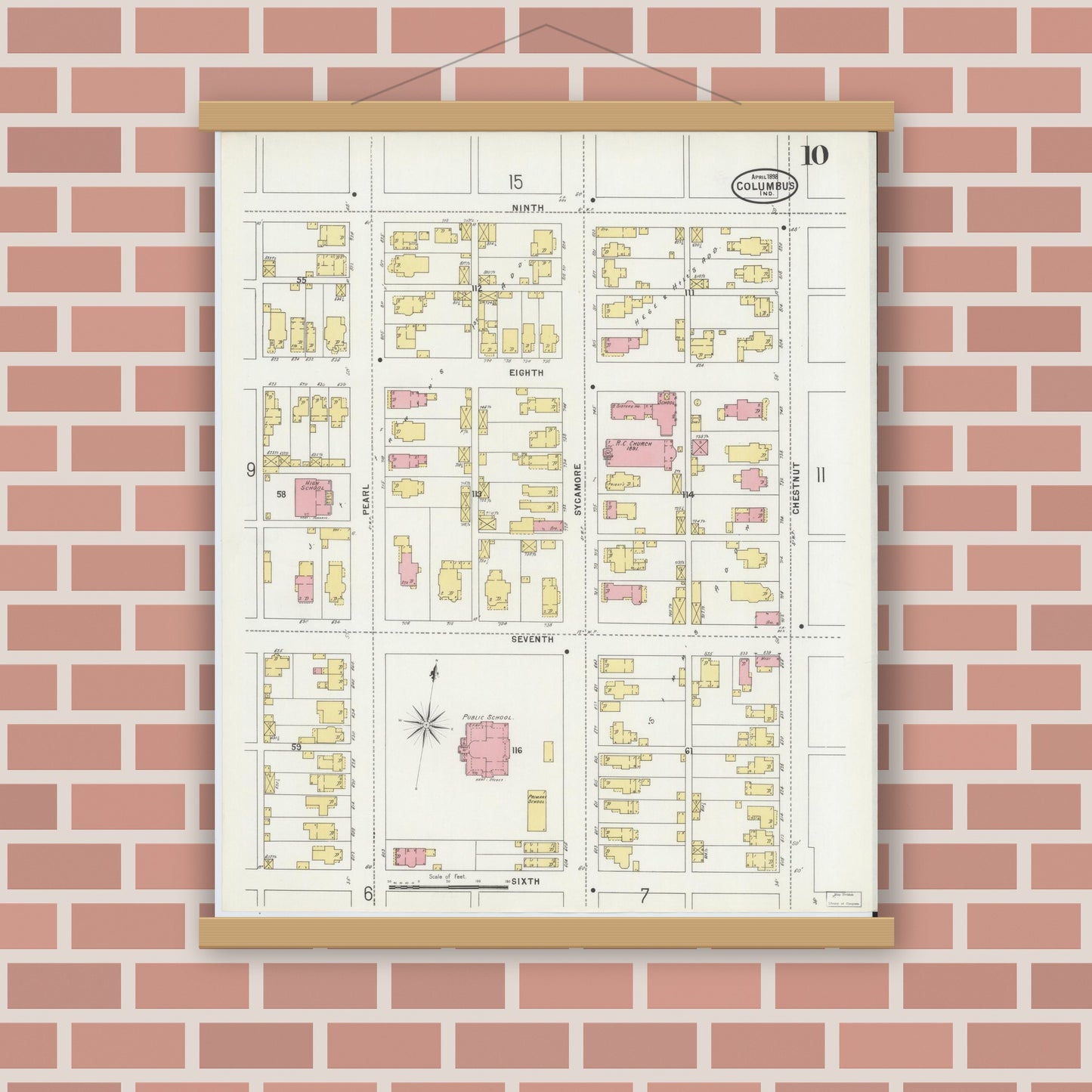Old map wall art mockup — magnetic wood frame on brick wall — Sanborn Fire Insurance Map from Columbus, Bartholomew County, Indiana (1898), Sheet #0010