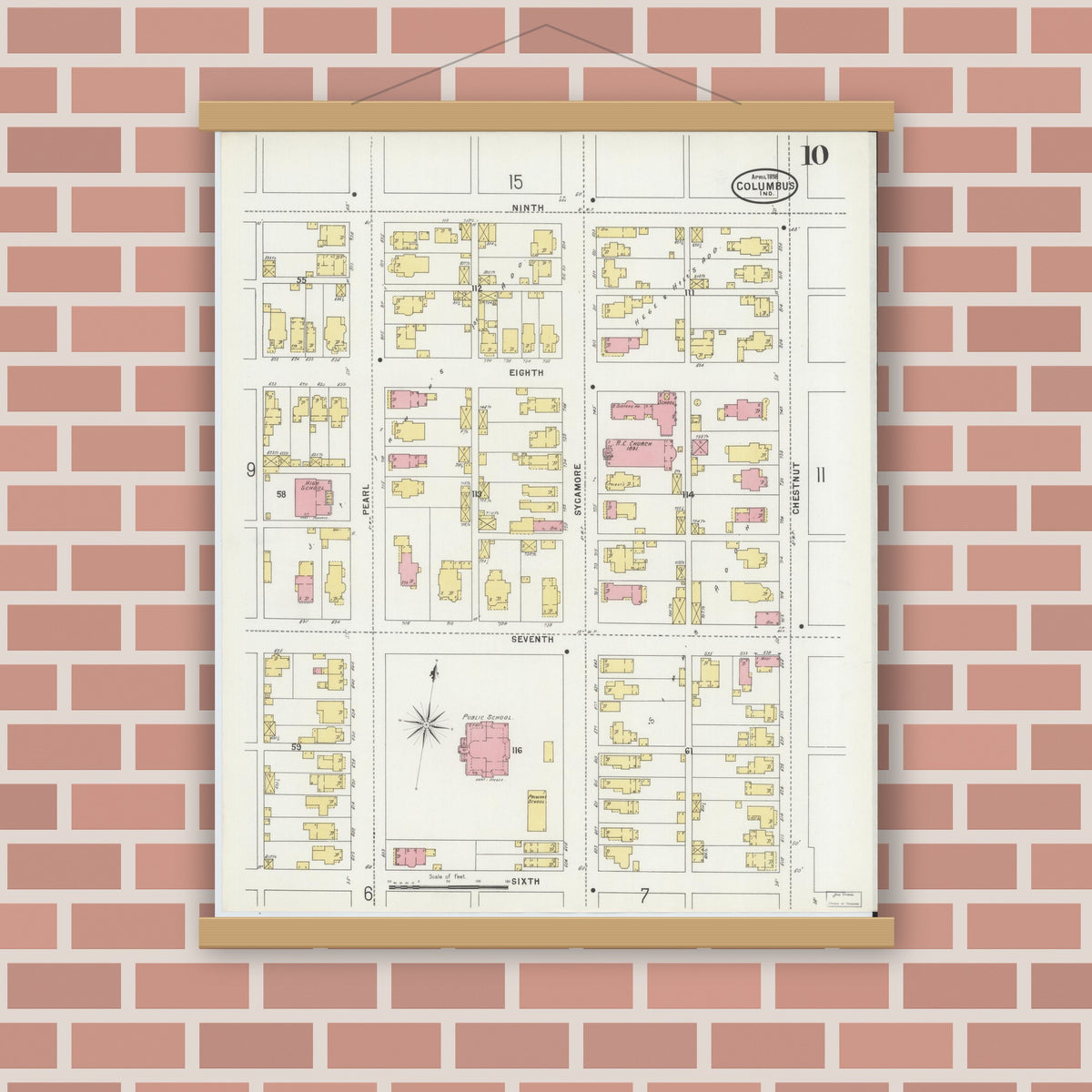 Old map wall art mockup — magnetic wood frame on brick wall — Sanborn Fire Insurance Map from Columbus, Bartholomew County, Indiana (1898), Sheet #0010