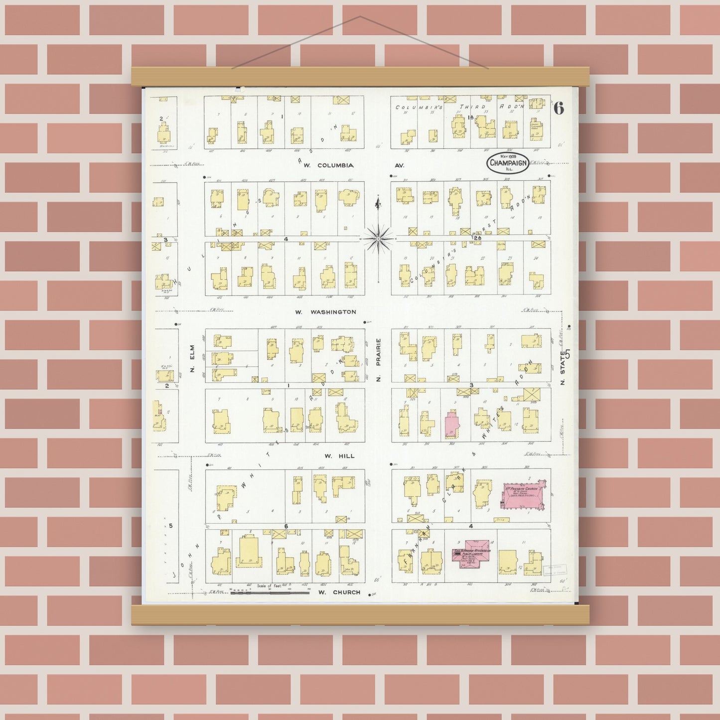 Old map wall art mockup — magnetic wood frame on brick wall — Sanborn Fire Insurance Map from Champaign, Champaign County, Illinois (1909), Sheet #0006