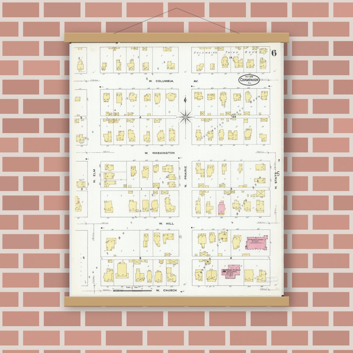 Old map wall art mockup — magnetic wood frame on brick wall — Sanborn Fire Insurance Map from Champaign, Champaign County, Illinois (1909), Sheet #0006