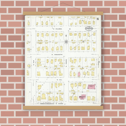 Old map wall art mockup — magnetic wood frame on brick wall — Sanborn Fire Insurance Map from Champaign, Champaign County, Illinois (1909), Sheet #0006