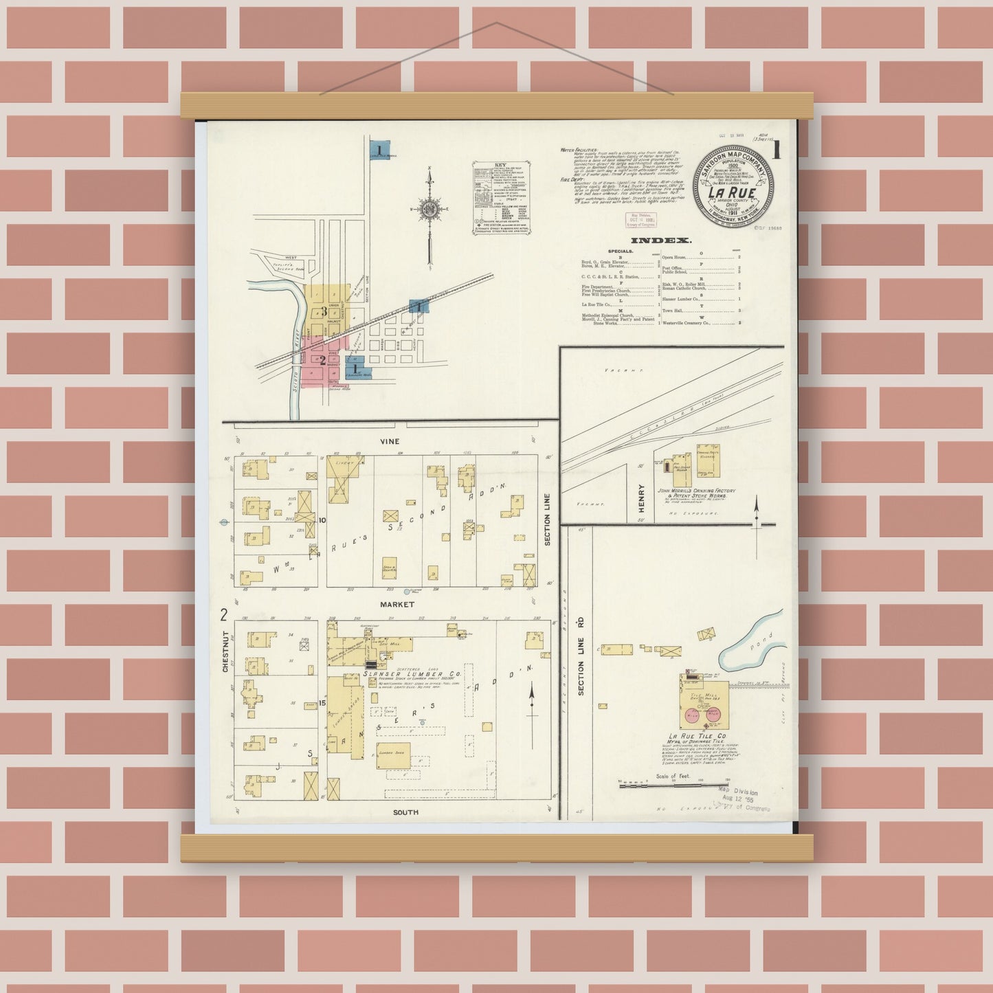 Old map wall art mockup — magnetic wood frame on brick wall — Sanborn Fire Insurance Map from La Rue, Marion County, Ohio (1911), Sheet #0001