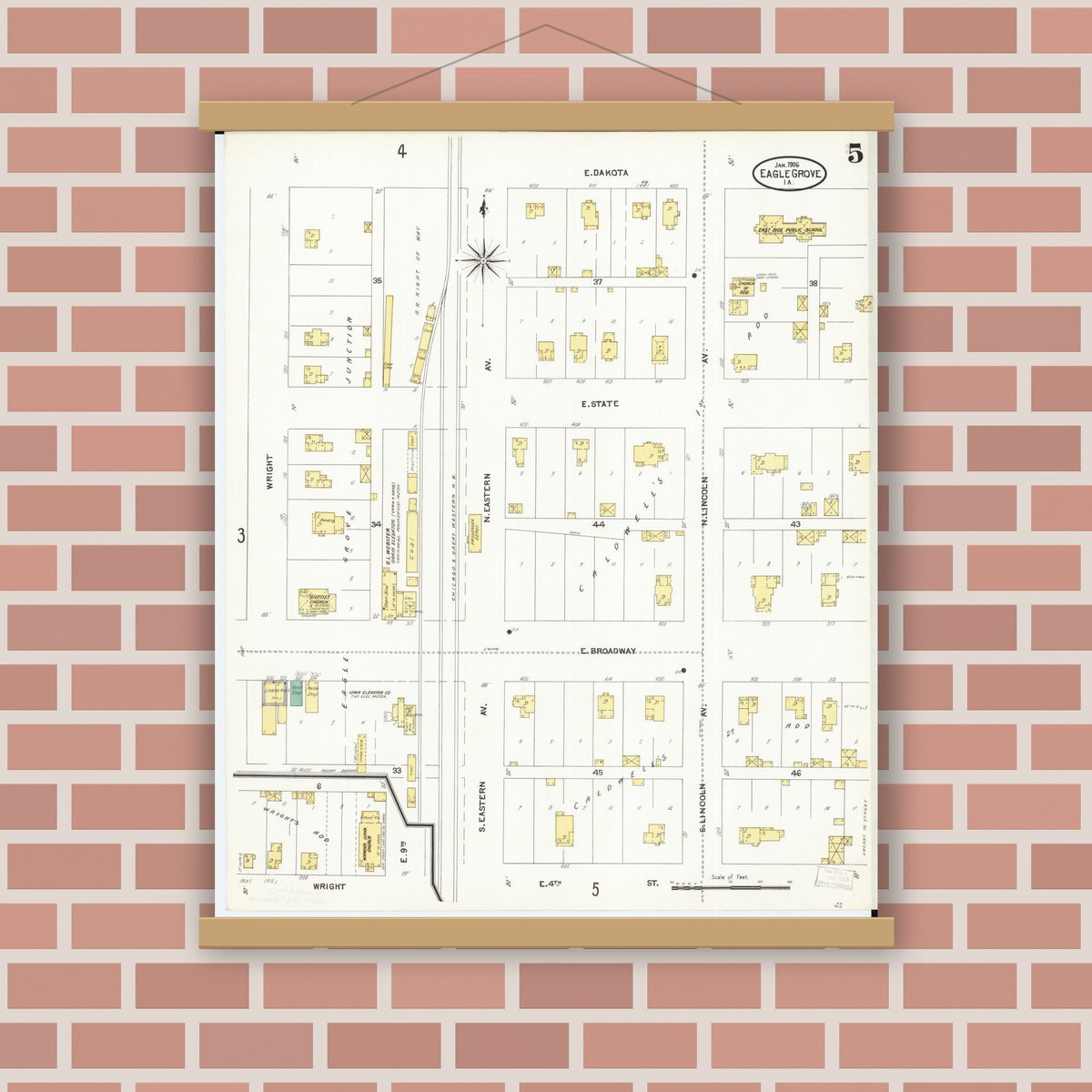 Old map wall art mockup — magnetic wood frame on brick wall — Sanborn Fire Insurance Map from Eagle Grove, Wright County, Iowa (1906), Sheet #0005