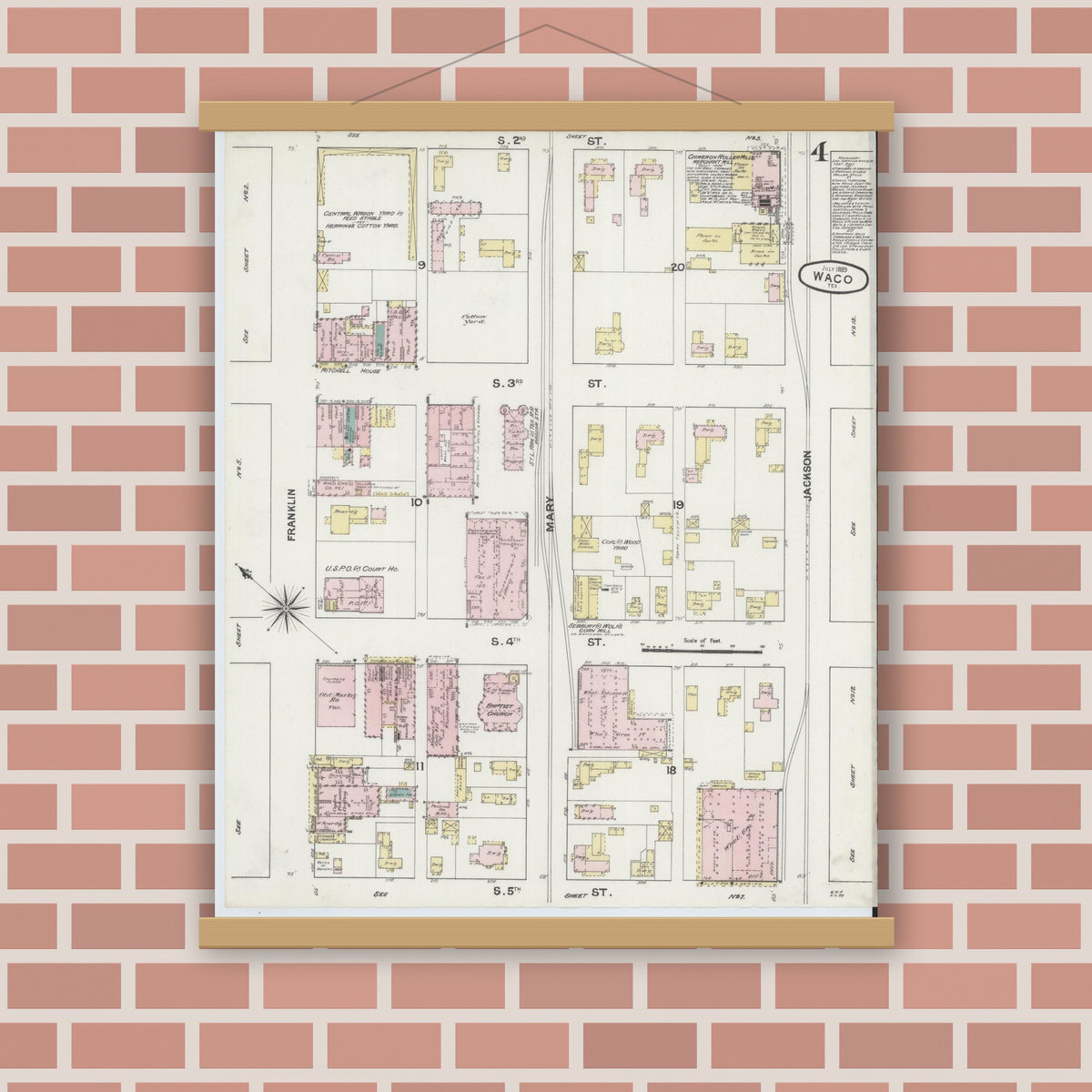 Old map wall art mockup — magnetic wood frame on brick wall — Sanborn Fire Insurance Map from Waco, McLennan County, Texas (1889), Sheet #0004