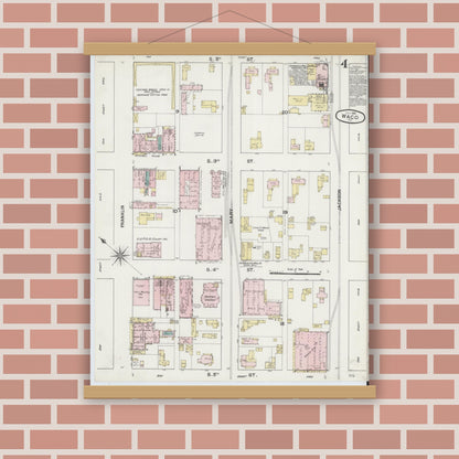 Old map wall art mockup — magnetic wood frame on brick wall — Sanborn Fire Insurance Map from Waco, McLennan County, Texas (1889), Sheet #0004