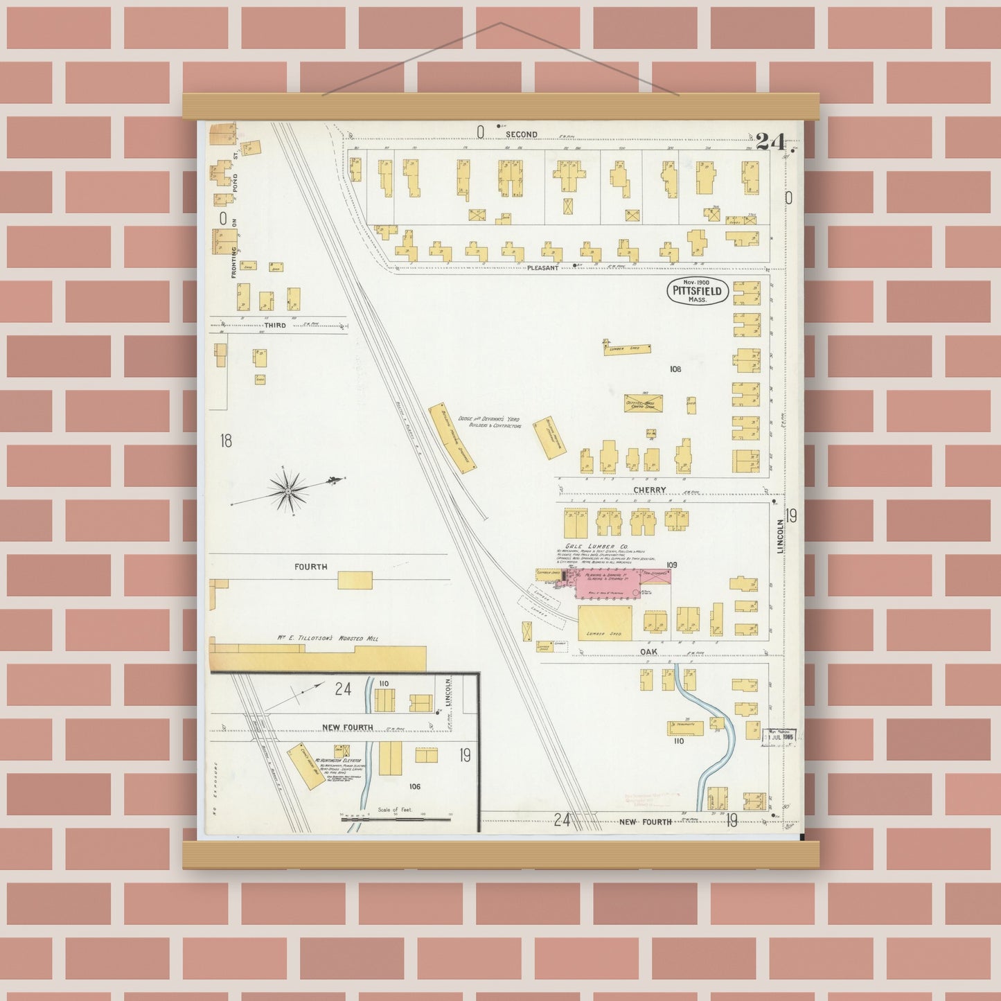 Old map wall art mockup — magnetic wood frame on brick wall — Sanborn Fire Insurance Map from Pittsfield, Berkshire County, Massachusetts (1900), Sheet #0024