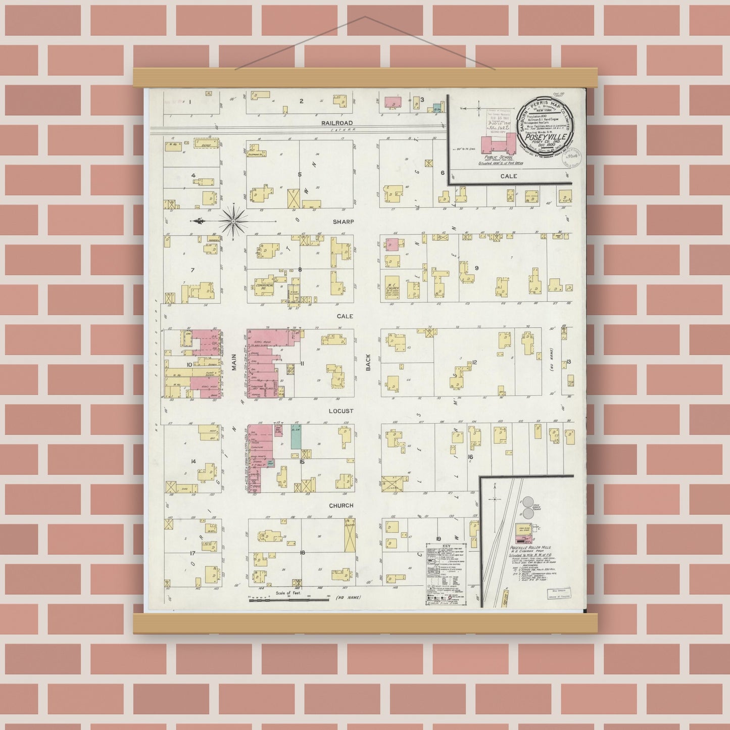 Old map wall art mockup — magnetic wood frame on brick wall — Sanborn Fire Insurance Map from Poseyville, Posey County, Indiana (1900), Sheet #0001