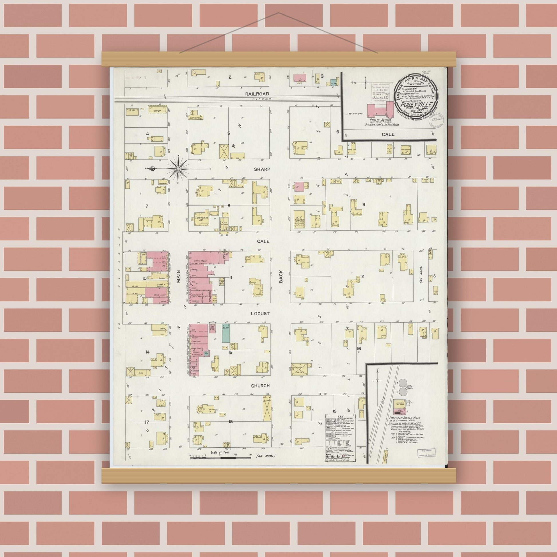 Old map wall art mockup — magnetic wood frame on brick wall — Sanborn Fire Insurance Map from Poseyville, Posey County, Indiana (1900), Sheet #0001