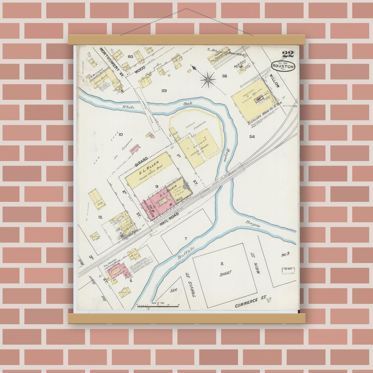 Old map wall art mockup — magnetic wood frame on brick wall — Sanborn Fire Insurance Map from Houston, Harris County, Texas (1890), Sheet #0022