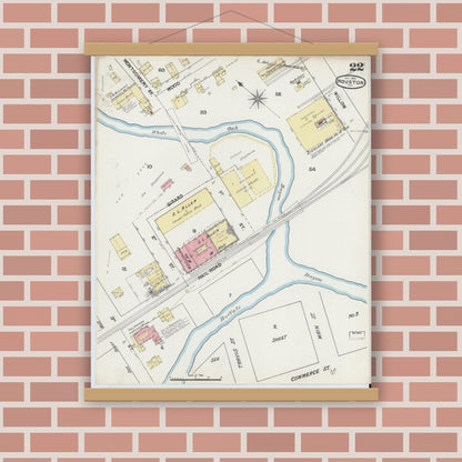 Old map wall art mockup — magnetic wood frame on brick wall — Sanborn Fire Insurance Map from Houston, Harris County, Texas (1890), Sheet #0022