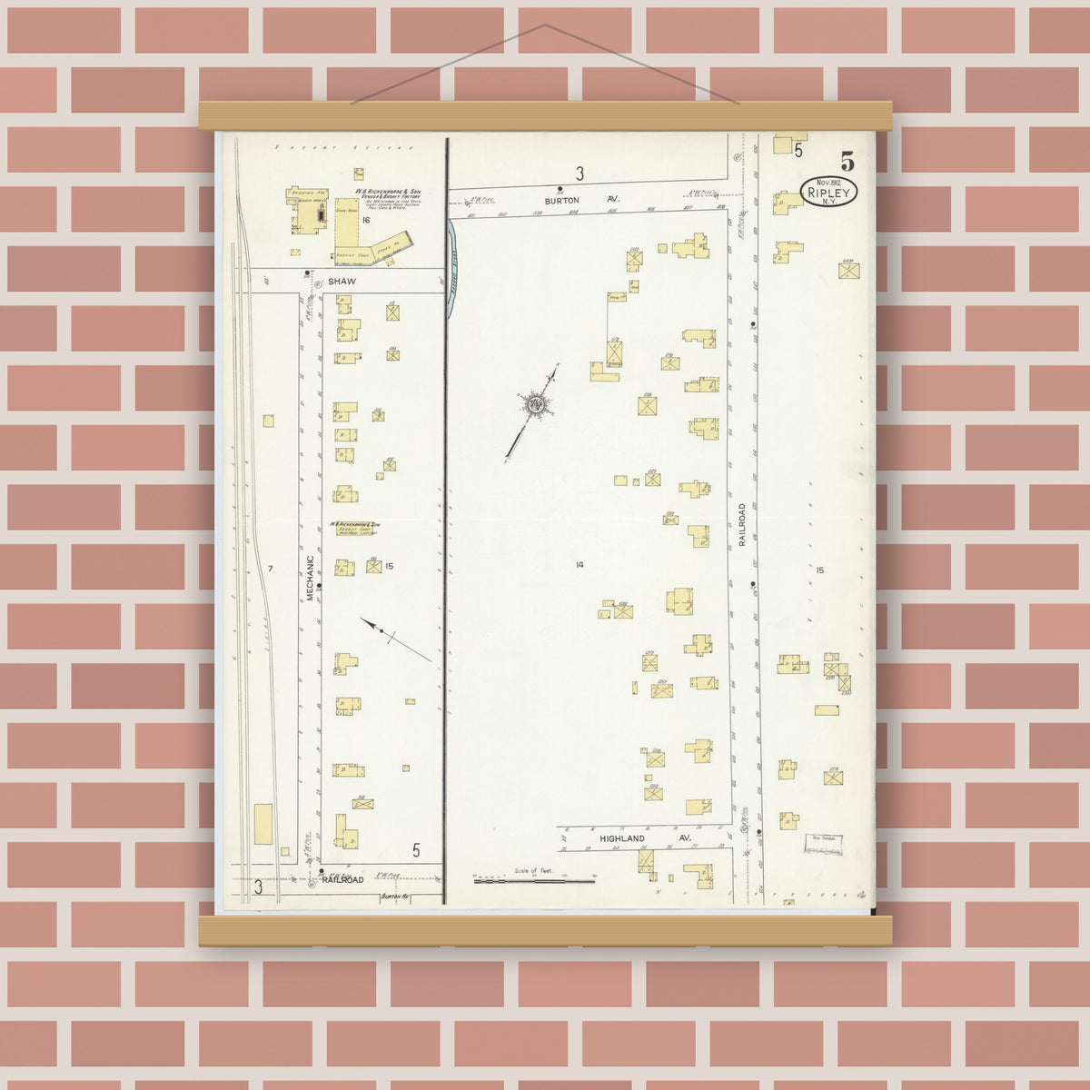 Old map wall art mockup — magnetic wood frame on brick wall — Sanborn Fire Insurance Map from Ripley, Chautauqua County, New York (1912), Sheet #0005