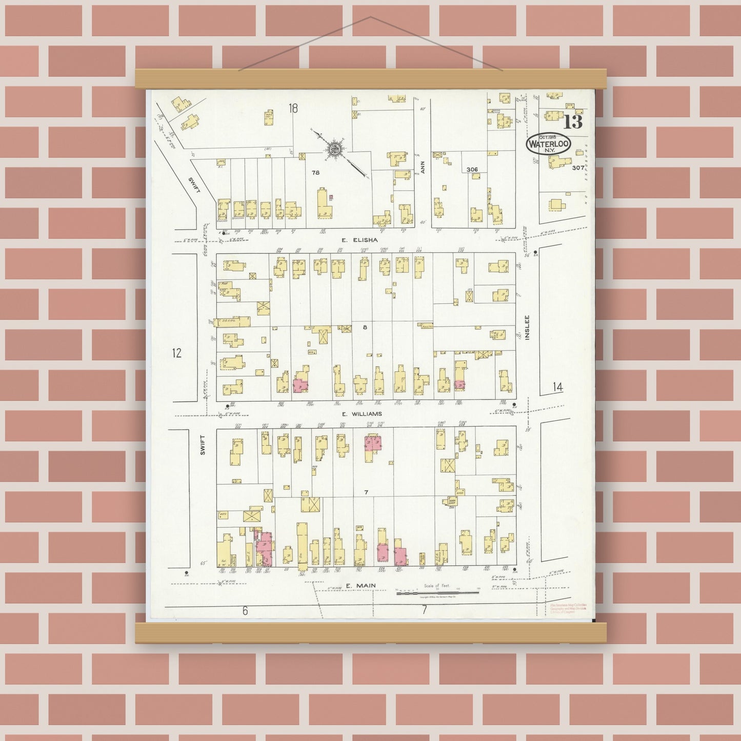 Old map wall art mockup — magnetic wood frame on brick wall — Sanborn Fire Insurance Map from Waterloo, Seneca County, New York (1918), Sheet #0013