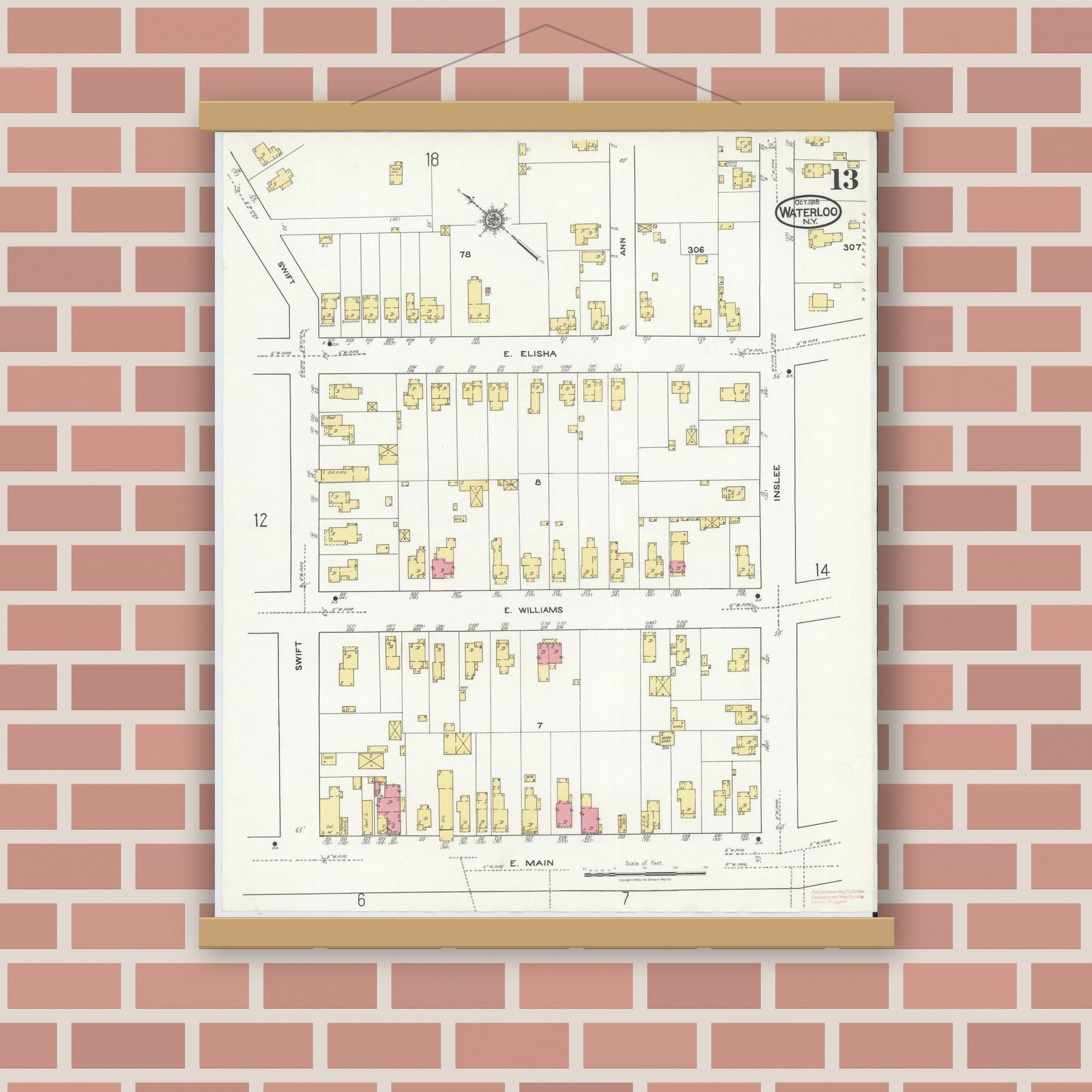 Old map wall art mockup — magnetic wood frame on brick wall — Sanborn Fire Insurance Map from Waterloo, Seneca County, New York (1918), Sheet #0013