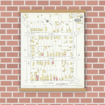 Old map wall art mockup — magnetic wood frame on brick wall — Sanborn Fire Insurance Map from Waterloo, Seneca County, New York (1918), Sheet #0013