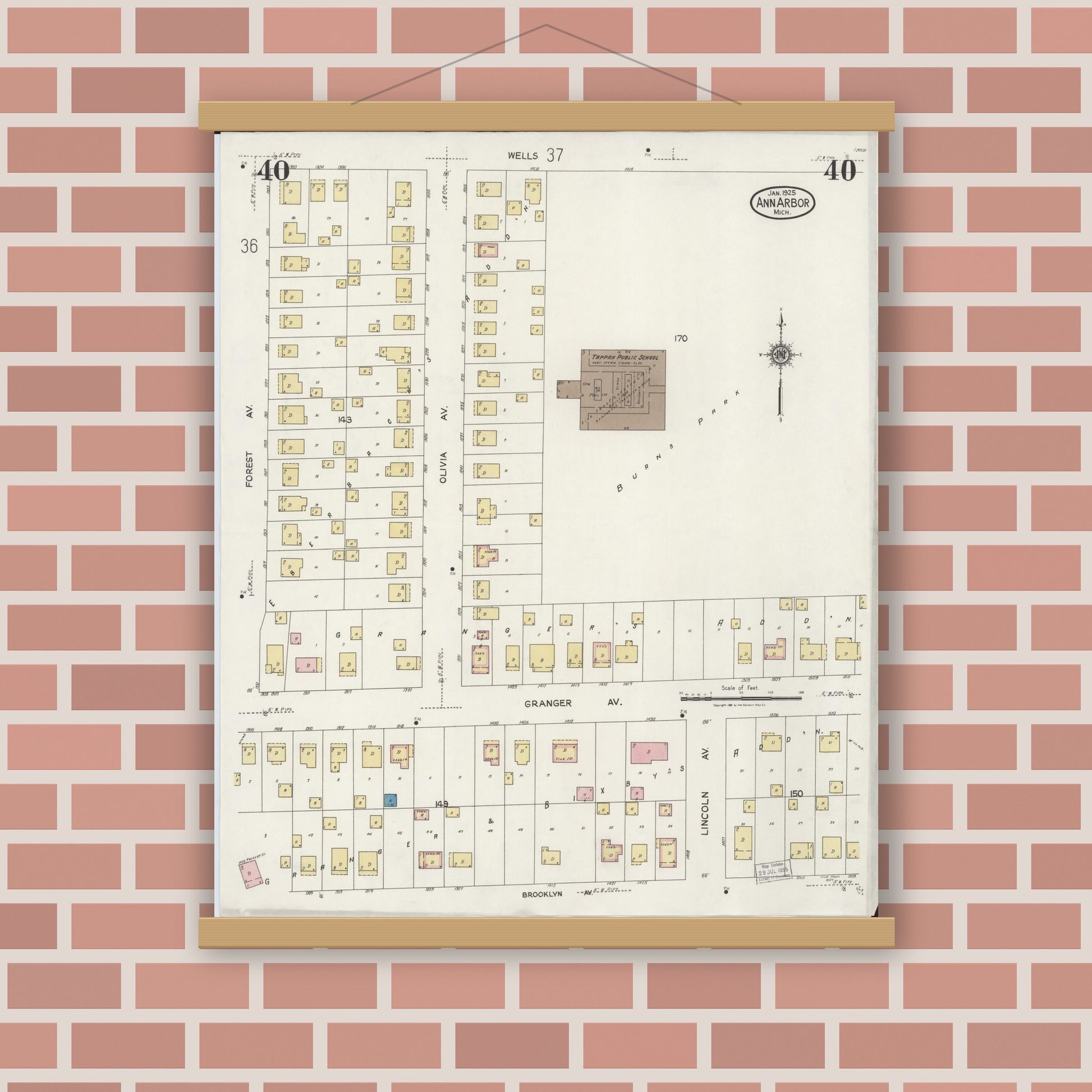 Old map wall art mockup — magnetic wood frame on brick wall — Sanborn Fire Insurance Map from Ann Arbor, Washtenaw County, Michigan (1925), Sheet #0040
