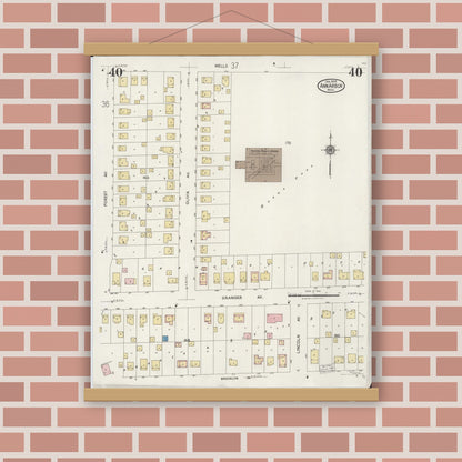 Old map wall art mockup — magnetic wood frame on brick wall — Sanborn Fire Insurance Map from Ann Arbor, Washtenaw County, Michigan (1925), Sheet #0040