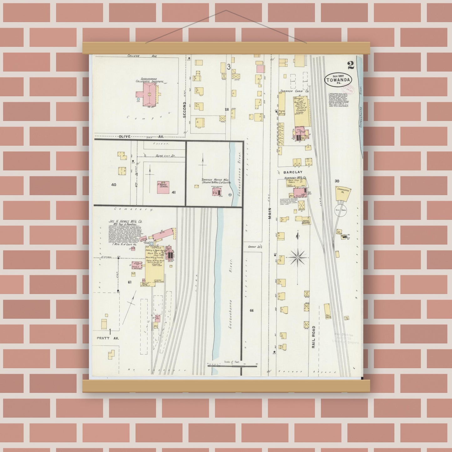 Old map wall art mockup — magnetic wood frame on brick wall — Sanborn Fire Insurance Map from Towanda, Bradford County, Pennsylvania (1897), Sheet #0002