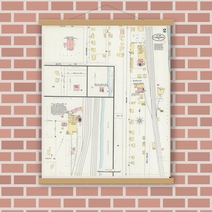 Old map wall art mockup — magnetic wood frame on brick wall — Sanborn Fire Insurance Map from Towanda, Bradford County, Pennsylvania (1897), Sheet #0002