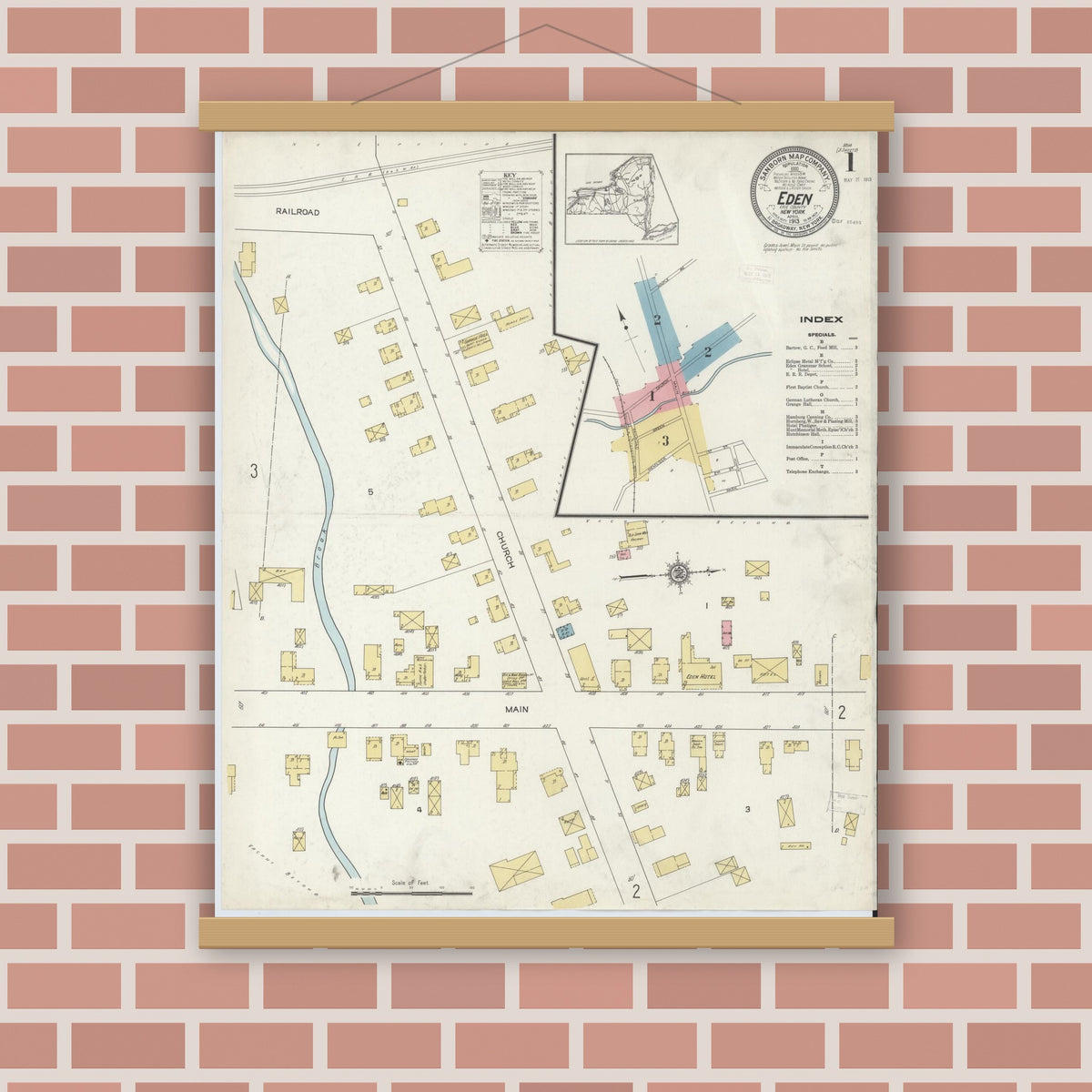 Old map wall art mockup — magnetic wood frame on brick wall — Sanborn Fire Insurance Map from Eden, Erie County, New York (1913) - Complete Map Set